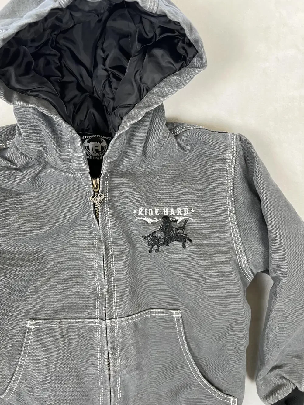 Cowboy Hardware Jacket Boys Medium Gray Ride Hard Western Hooded Canvas Bomber